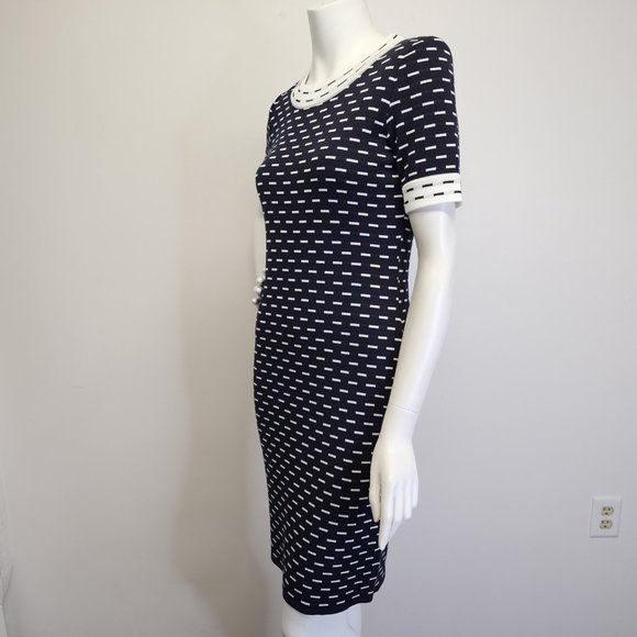 Misook Womens XS Petite Short Sleeve Knit Dress Navy Blue White Dashes & Trim - Picture 9 of 14